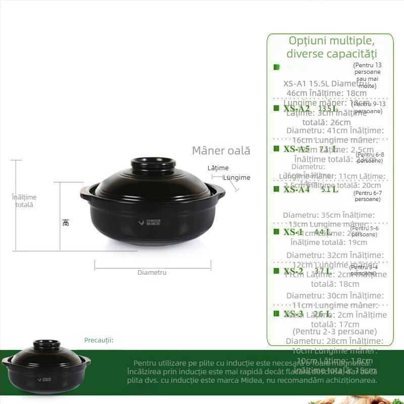 Oală ceramică de supe Huaxia King Kong pentru foc deschis și aragaz cu inducție, fund plat, rezistentă la temperaturi înalte, antiaderentă, 2.1–4 L