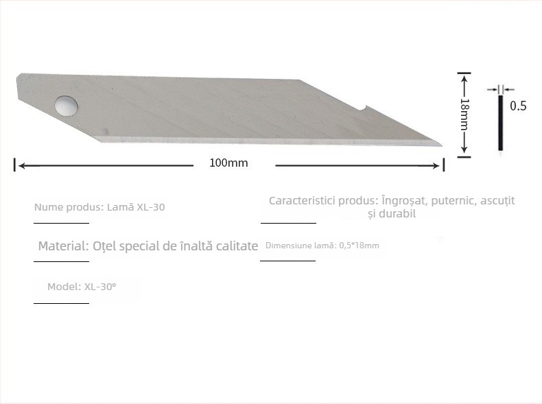 Lama pentru cutter din oțel cu carbon înalt, 18 mm, mare, unghi de 30°, ambalată în cutie, pentru tăierea hârtiei, vârf îngroșat