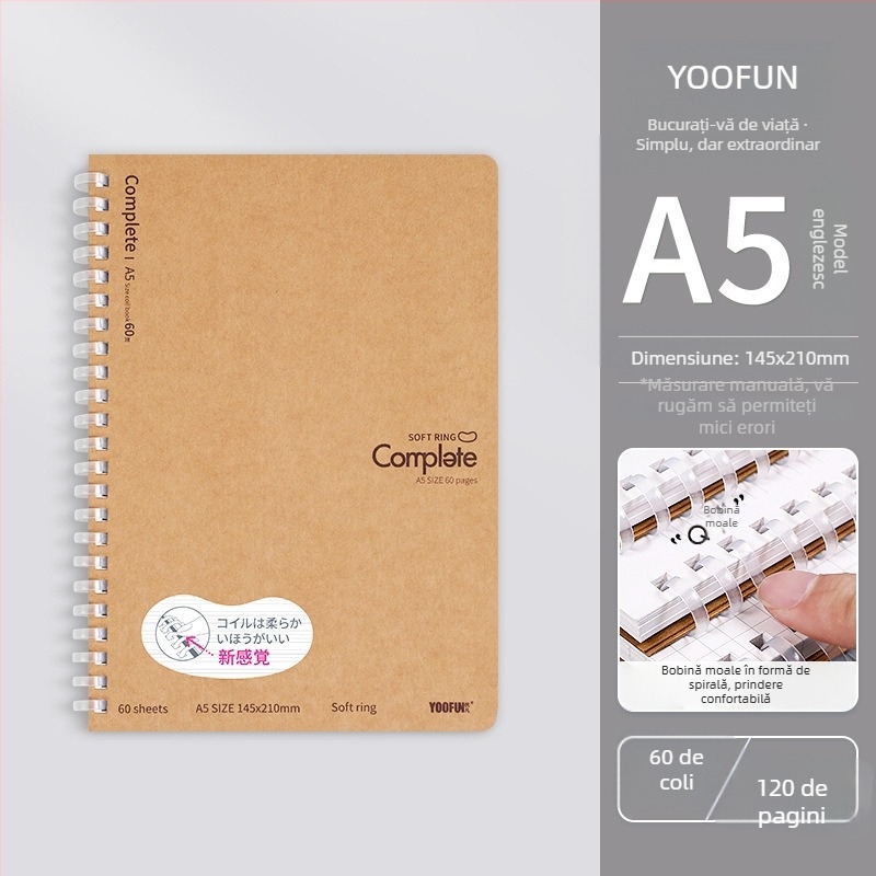 Caiet retro din hârtie kraft, format A5, cu legare cu spiral moale, caiet creativ pentru studenți, format B5