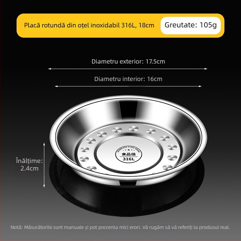 Farfurie rotundă din oțel inoxidabil 316L, grad alimentar, îngroșată, pentru bucătărie de acasă, farfurie de servire pentru cină și grătar