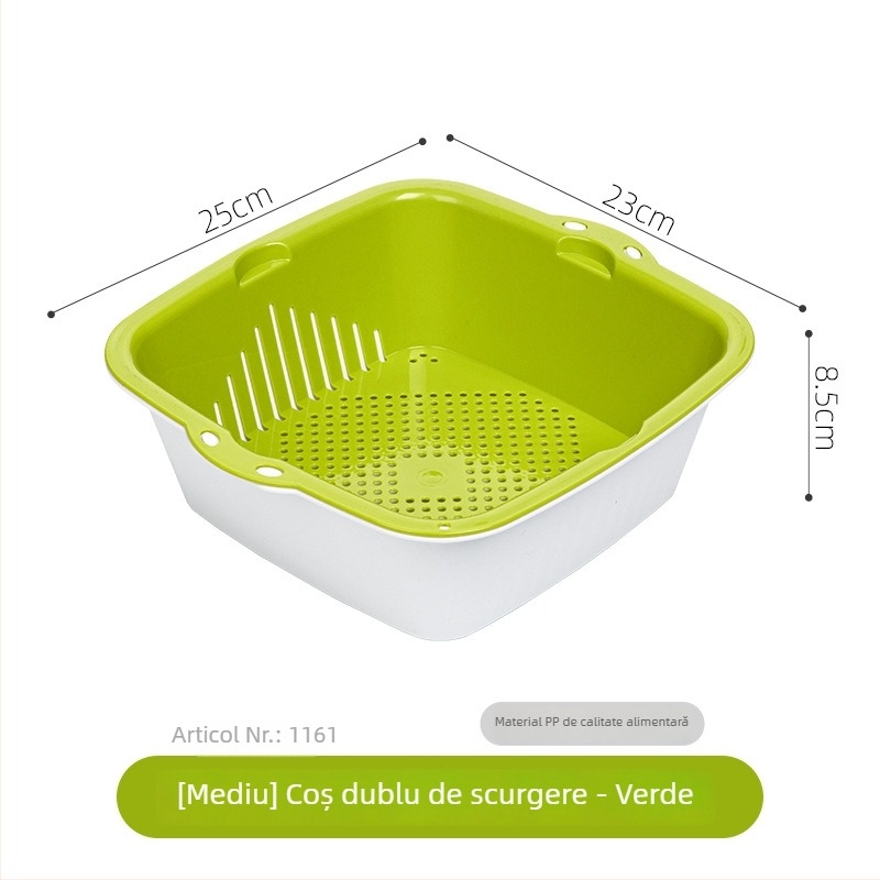 Coș dublu strat din plastic pentru spălat legume și orez, chiuvetă de bucătărie, tavă pentru fructe