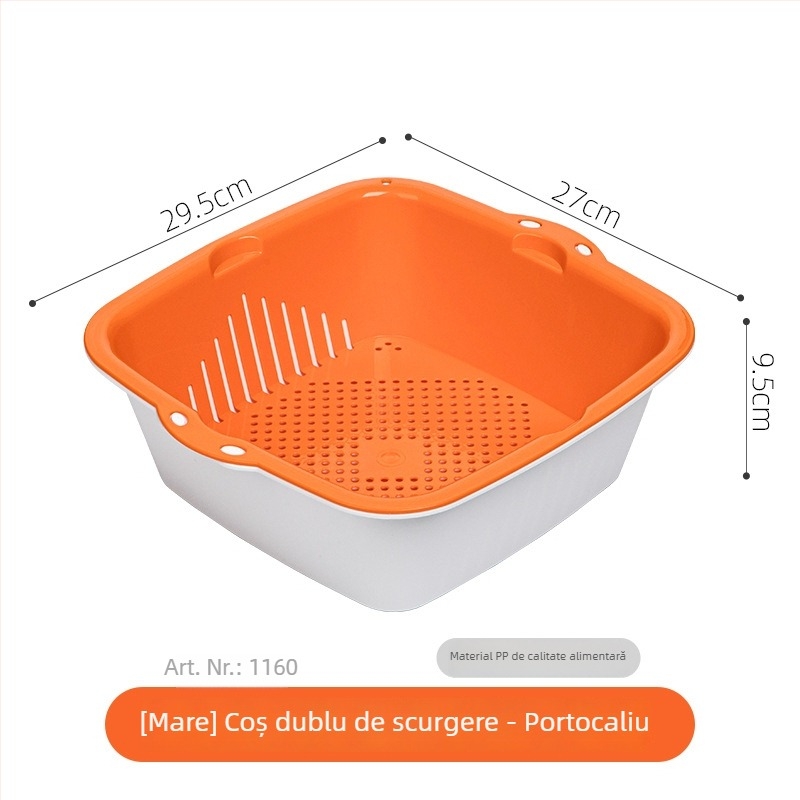 Coș dublu strat din plastic pentru spălat legume și orez, chiuvetă de bucătărie, tavă pentru fructe