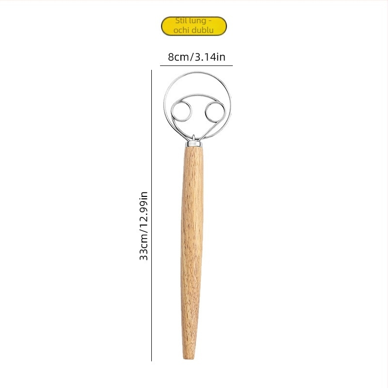 Mixer manual pentru aluat cu mâner din stejar, bețe din oțel inoxidabil – unealtă din lemn pentru coacere