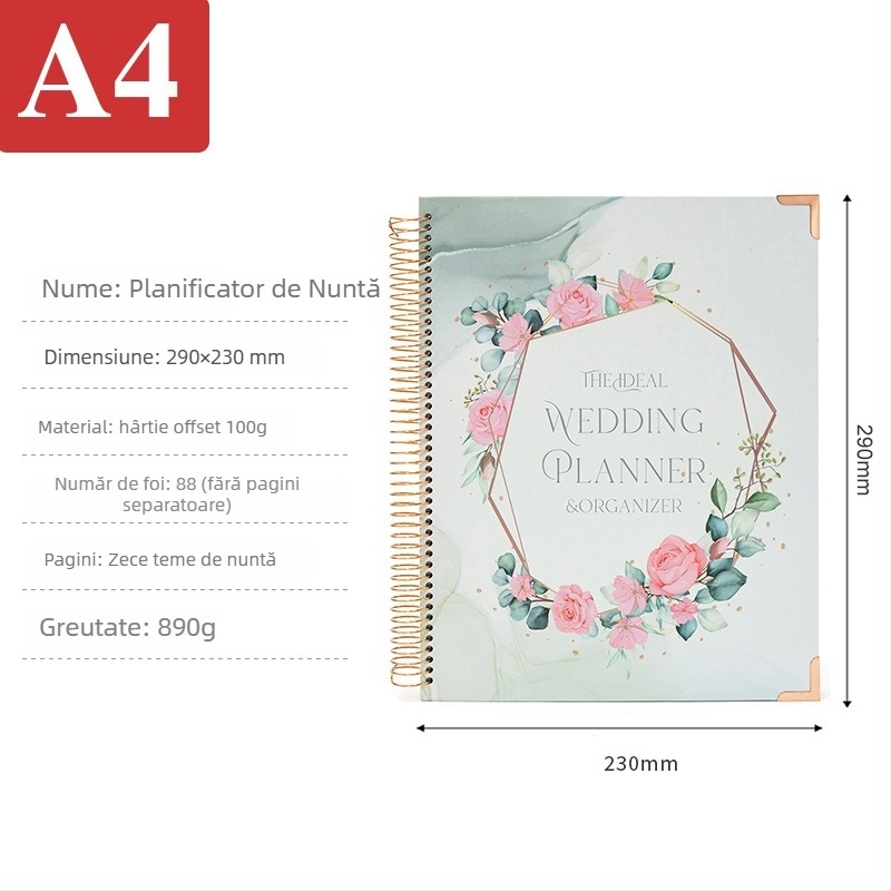 Caiet de planificare a nunții, copertă florală, legare în spirală, stil creativ, 100–200 pagini