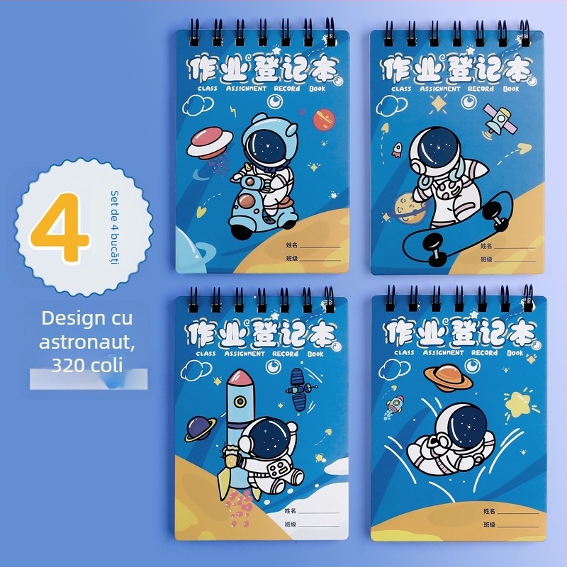 A6 Caiet de teme pentru elevii din învățământul primar, design drăguț cu familie desen animat, carnet mini spiral, pagini rabatabile pentru clasă