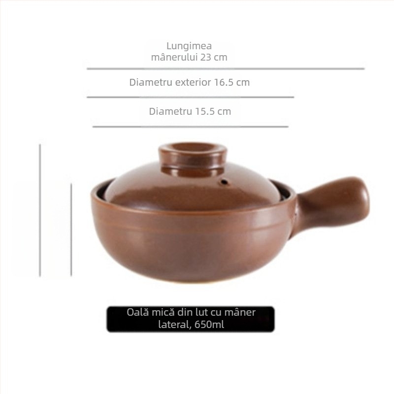 Oală ceramică cu mâner pentru flacra deschisă, porțelan cu oase, 2.1–3 L, pentru orez și tăiței
