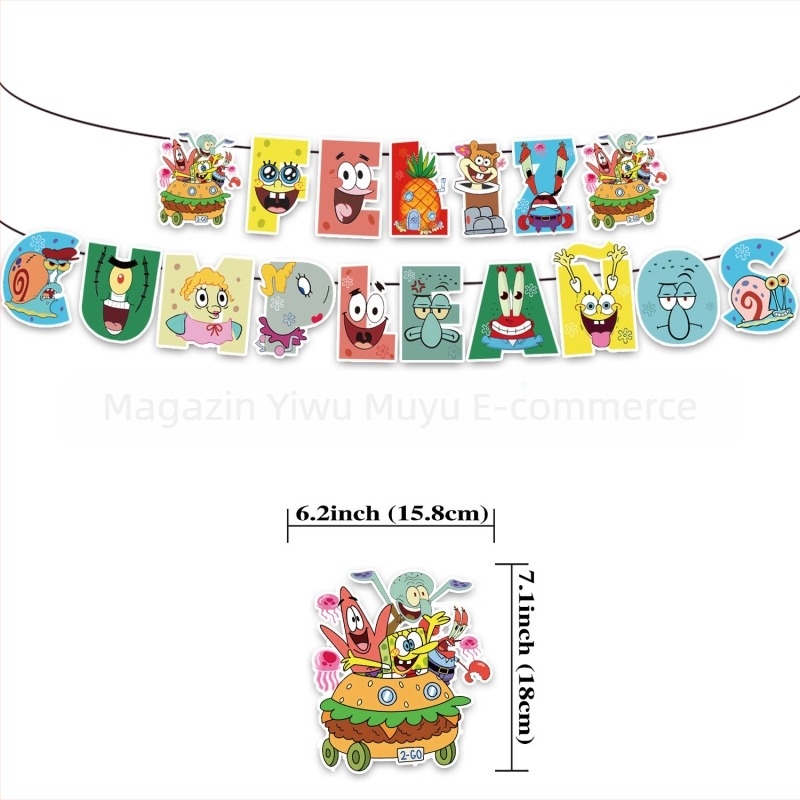 Banner cu steag cu temă transfrontalieră, personaje spaniole din desene animate, cu card de inserție, cutie Stitch și Naruto, stegulețe burete