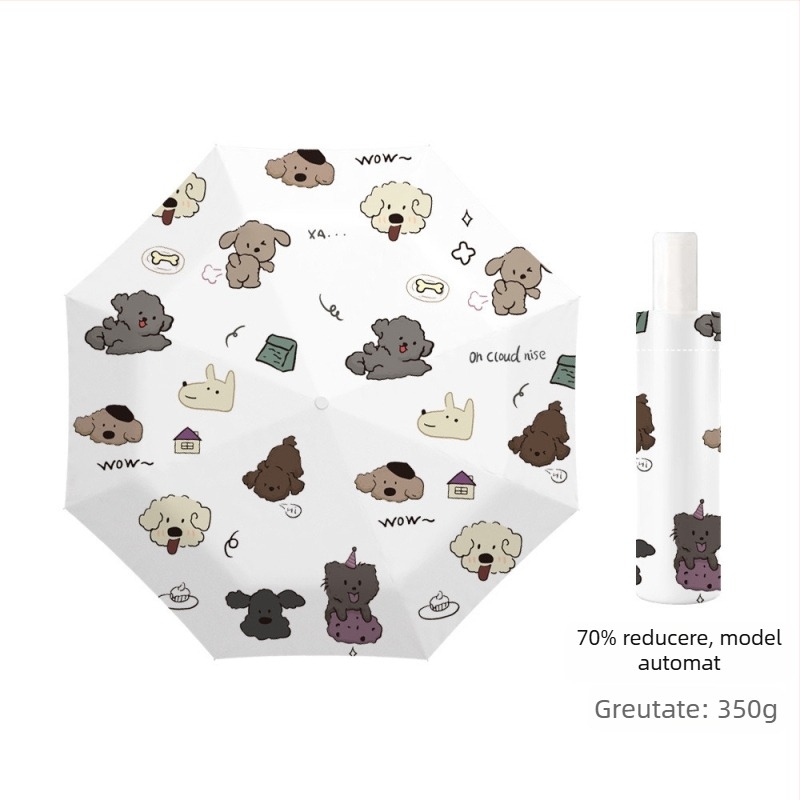Umbrelă cu trei segmente, model desen animat, deschidere automată, pentru soare și ploaie, protecție UV, ușoară și compactă.