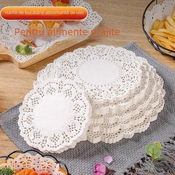 Hârtie de copt absorbantă pentru ulei, cu margine dantelată; bază rotundă cu model floral pentru prăjituri și pizza, pentru cuptor