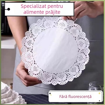 Hârtie de copt absorbantă pentru ulei, cu margine dantelată; bază rotundă cu model floral pentru prăjituri și pizza, pentru cuptor