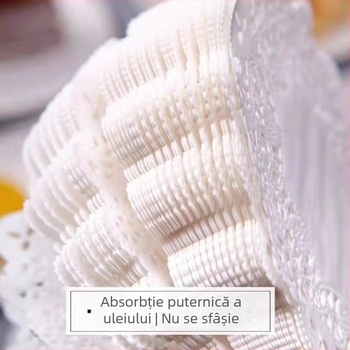 Hârtie de copt absorbantă pentru ulei, cu margine dantelată; bază rotundă cu model floral pentru prăjituri și pizza, pentru cuptor