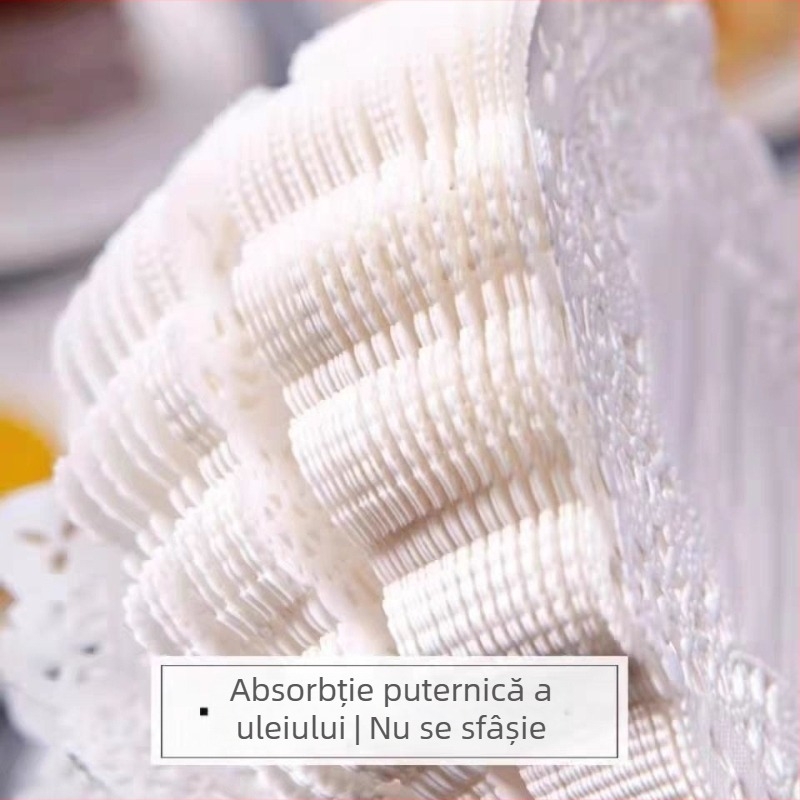 Hârtie de copt absorbantă pentru ulei, cu margine dantelată; bază rotundă cu model floral pentru prăjituri și pizza, pentru cuptor