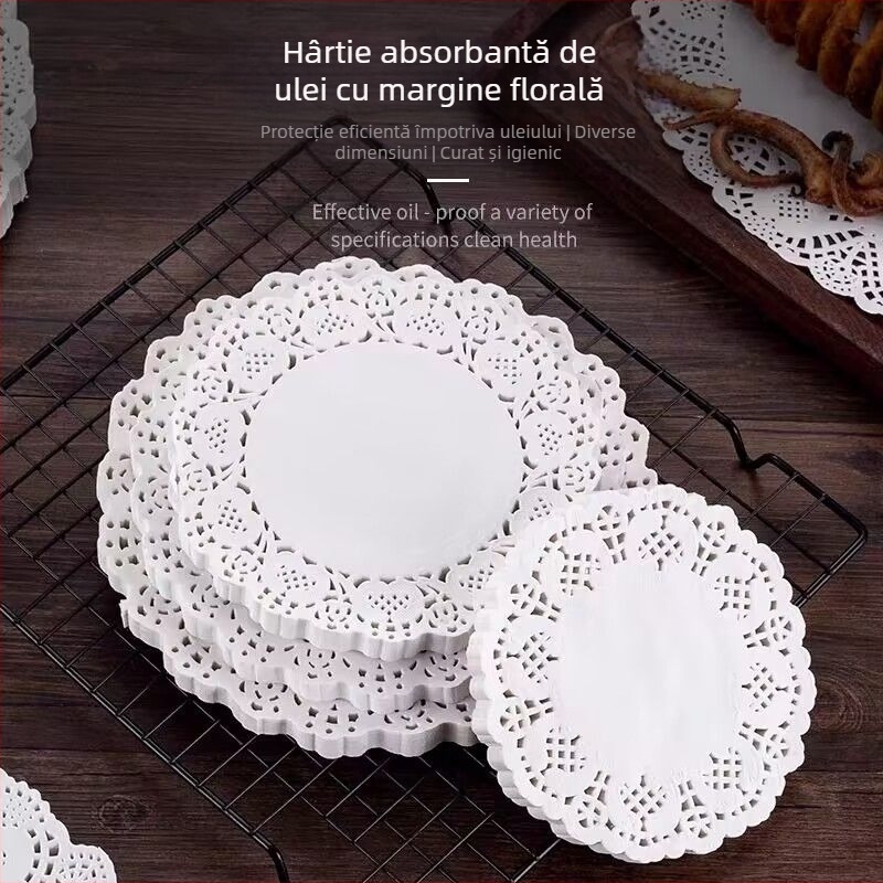 Hârtie de copt absorbantă pentru ulei, cu margine dantelată; bază rotundă cu model floral pentru prăjituri și pizza, pentru cuptor