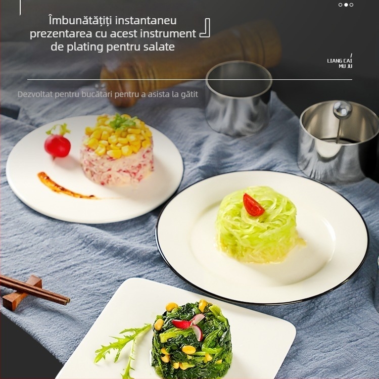 Formă rotundă din oțel inoxidabil pentru feluri reci, prezentare inovatoare cu orez mov și piure de taro