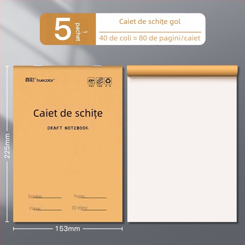 True Color bloc de schițe împărțit pentru elevi de învățământ primar, foi de schițe mai groase detașabile, foi albe pentru calcule