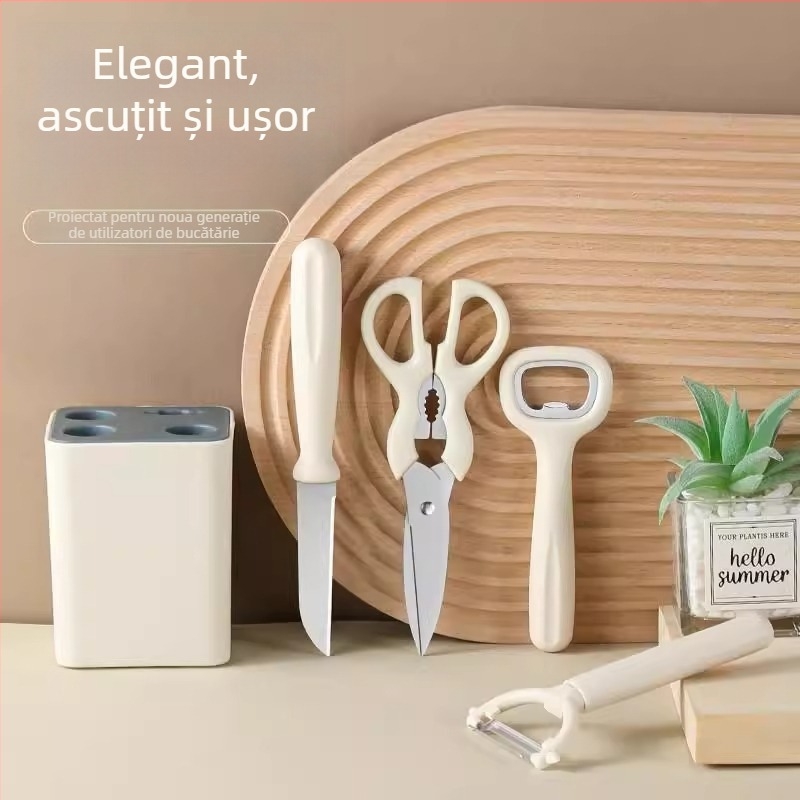 Set de unelte de bucătărie: cuțit pentru fructe, cuțit pentru decojit, batator de ouă din oțel inoxidabil, foarfece de bucătărie, deschizător de sticle și set de depozitare