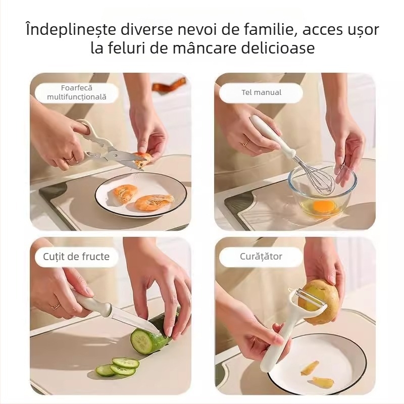 Set de unelte de bucătărie: cuțit pentru fructe, cuțit pentru decojit, batator de ouă din oțel inoxidabil, foarfece de bucătărie, deschizător de sticle și set de depozitare