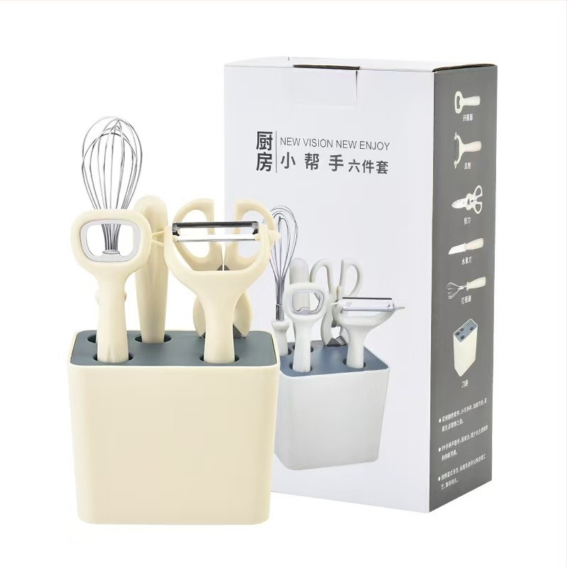 Set de unelte de bucătărie: cuțit pentru fructe, cuțit pentru decojit, batator de ouă din oțel inoxidabil, foarfece de bucătărie, deschizător de sticle și set de depozitare
