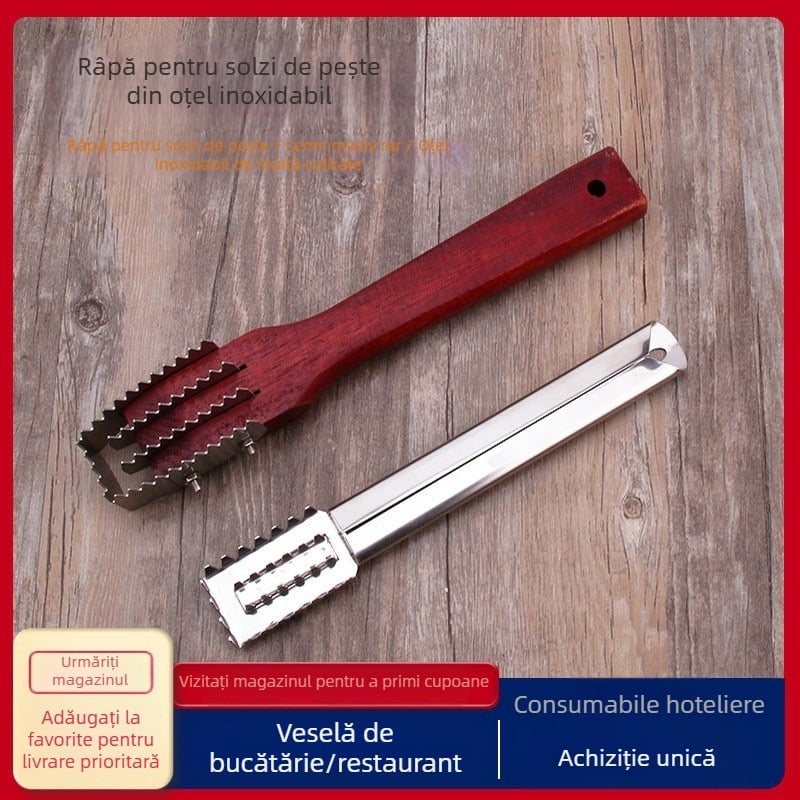 Scrisor pentru solzi de pește din oțel inox cu mâner din lemn, scaler pentru spate și instrument multifuncțional de curățare a peștelui