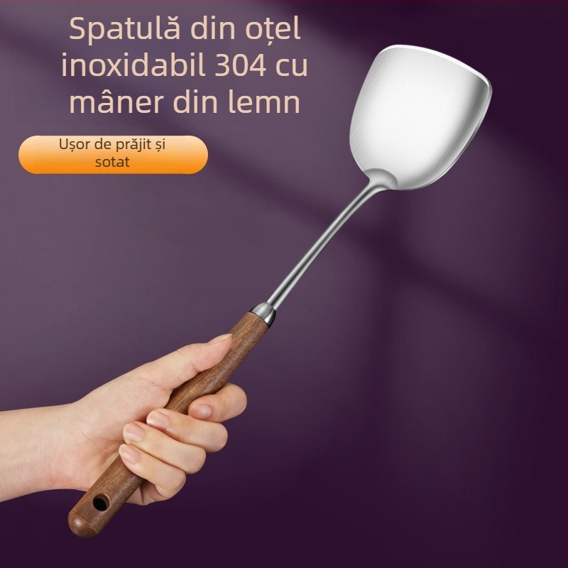 Set de ustensile de bucătărie din oțel inoxidabil 316, mânere din nuc — spatulă, lingură de supă, polonic, strecurător