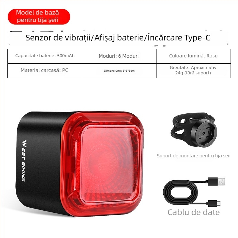 Lumină spate inteligentă cu senzor de frână pentru biciclete MTB și de oraș, încărcare Type-C, lampă de avertizare pentru noapte