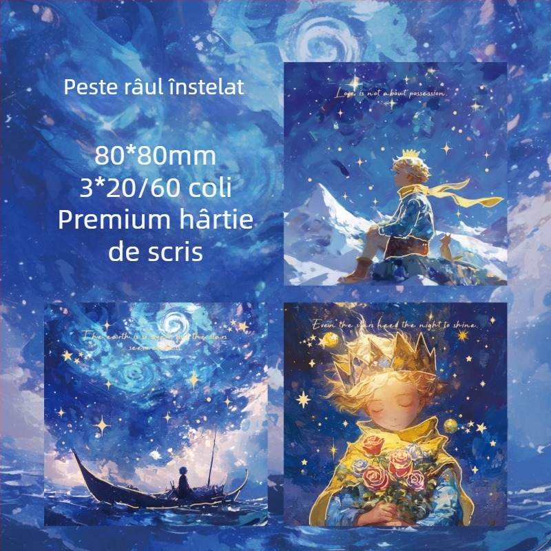 Set de trei note autocolante cu folie aurie, seria Dream Stars, ilustrație de prinț pentru jurnal DIY – hârtie de bază