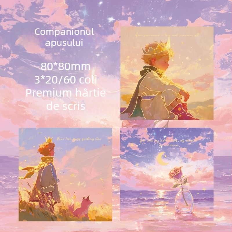 Set de trei note autocolante cu folie aurie, seria Dream Stars, ilustrație de prinț pentru jurnal DIY – hârtie de bază