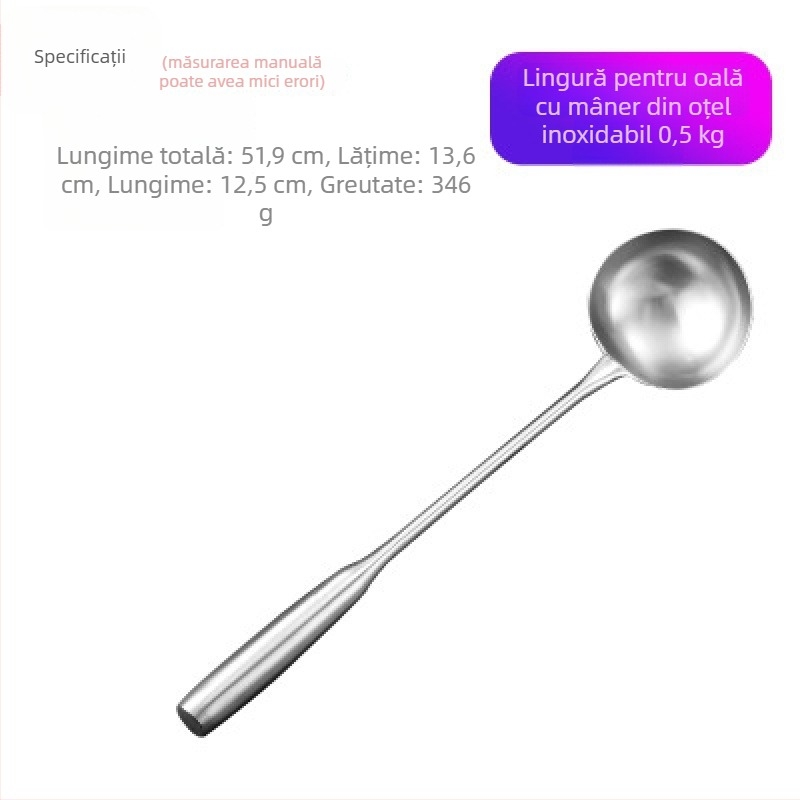 Lingură de bucătărie din oțel inoxidabil, mâner din lemn, protecție împotriva arsurilor, lingură mare pentru supă și sotare