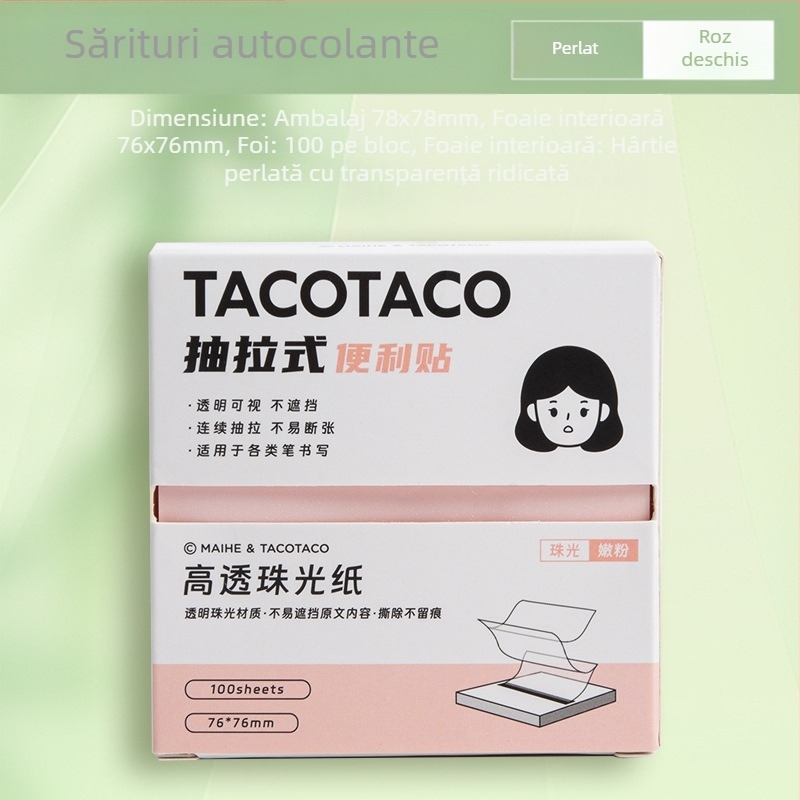 Tacotaco Cutie pentru Notițe Lipicioase cu Sertar Glisant, Hârtie cu Luciu Perlată și Transparentă pentru Elevi Gimnaziu