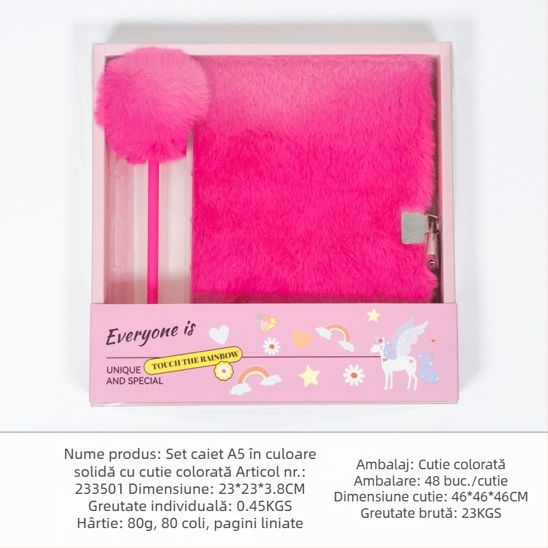Set A5 cu notebook plușat și pomponuri, kit de papetărie, cutie cadou și pix