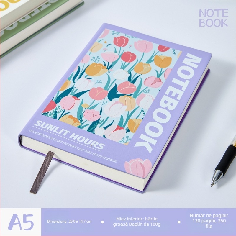 A5 carnet cu flori desenate manual, personalizabil pentru birou și studiu, copertă PU, legare cu fir și adeziv, hârtie Dowling, 100–200 de pagini.