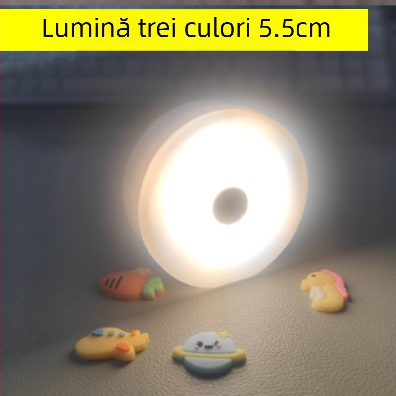 Lumină de noapte rotundă, reîncărcabilă, cu întrerupător la atingere, lampă tactilă, control inteligent, diametru 5,5 cm, abajur PVC