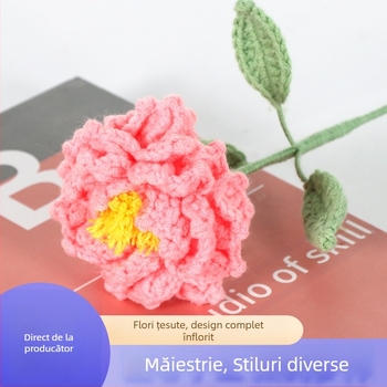 Floare bujor tricotată din lână — floare artificială finisată, croșetă manuală, decor pentru casă, nuntă, ședințe foto