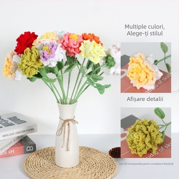 Floare bujor tricotată din lână — floare artificială finisată, croșetă manuală, decor pentru casă, nuntă, ședințe foto