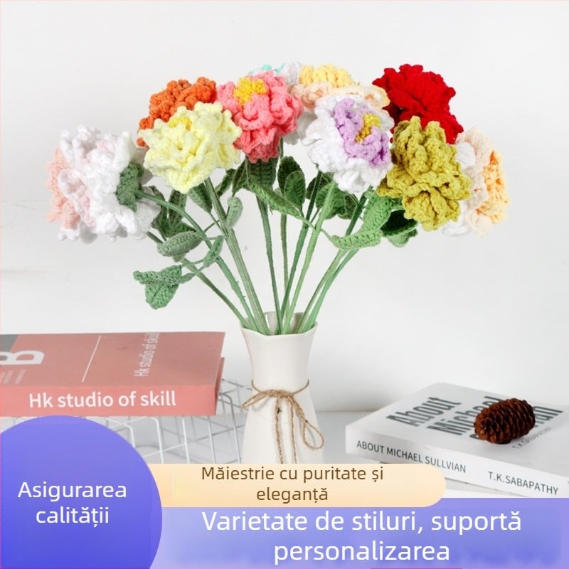 Floare bujor tricotată din lână — floare artificială finisată, croșetă manuală, decor pentru casă, nuntă, ședințe foto