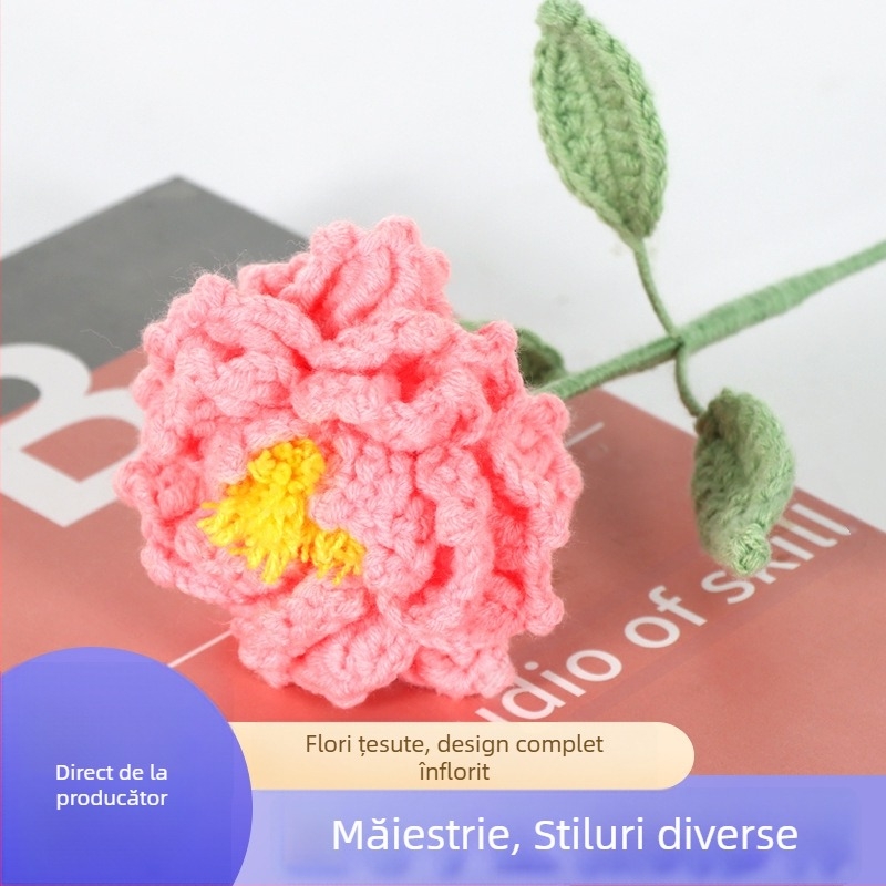 Floare bujor tricotată din lână — floare artificială finisată, croșetă manuală, decor pentru casă, nuntă, ședințe foto