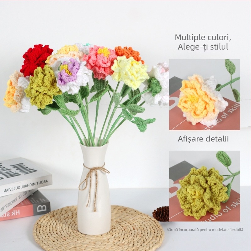Floare bujor tricotată din lână — floare artificială finisată, croșetă manuală, decor pentru casă, nuntă, ședințe foto