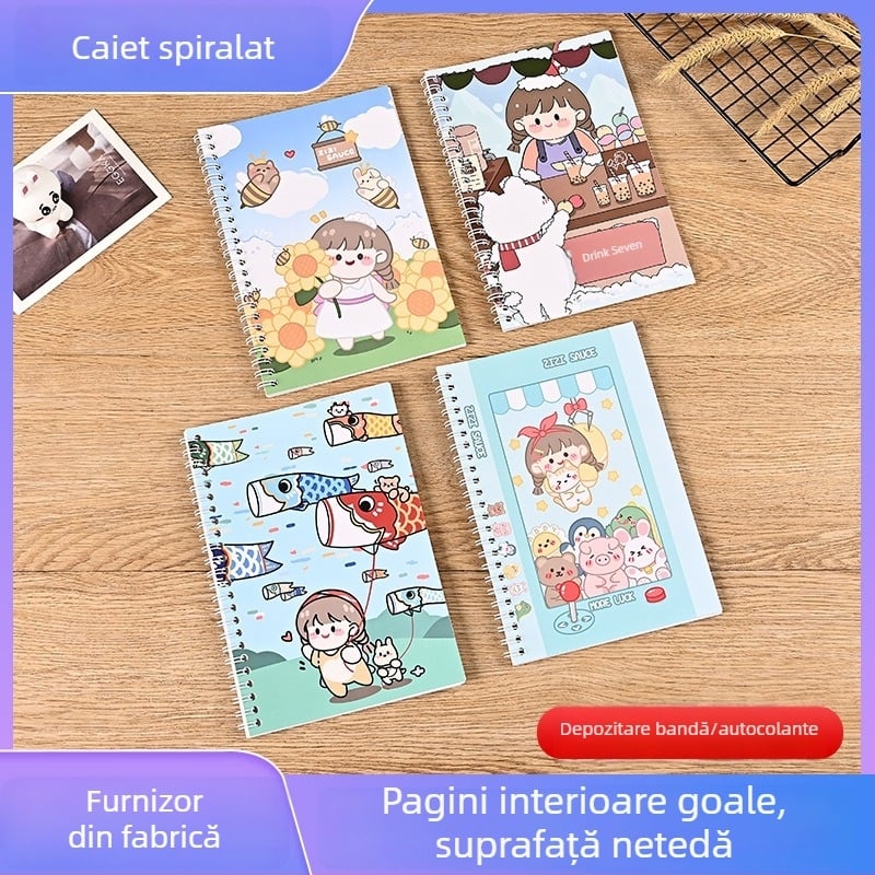 Jurnal A5/B5 cu foi detașabile, legare cu spirală dublă, stil anime kawaii