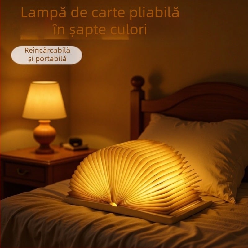 Lampă-carte din lemn cu LED în șapte culori, lampă de birou pliabilă, încărcare USB, lumina de noapte pentru dormitor, atmosferă plăcută