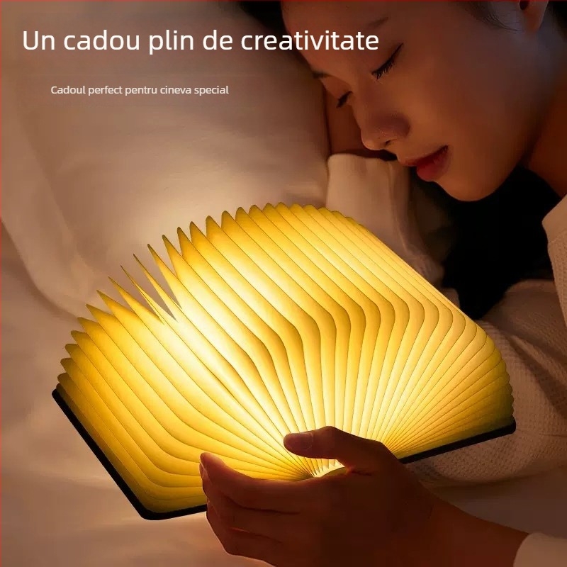 Lampă-carte din lemn cu LED în șapte culori, lampă de birou pliabilă, încărcare USB, lumina de noapte pentru dormitor, atmosferă plăcută