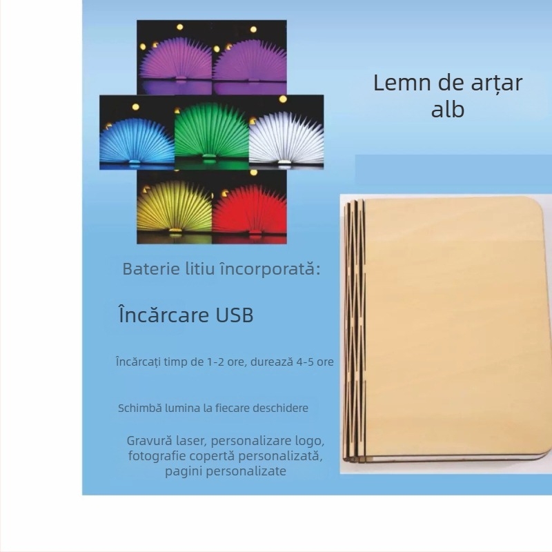 Lampă-carte din lemn cu LED în șapte culori, lampă de birou pliabilă, încărcare USB, lumina de noapte pentru dormitor, atmosferă plăcută