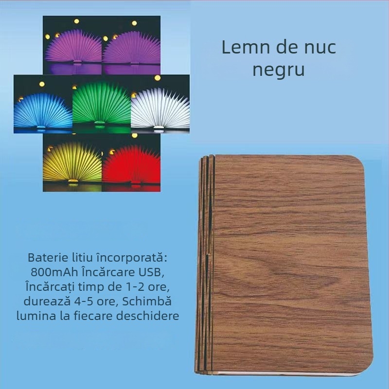Lampă-carte din lemn cu LED în șapte culori, lampă de birou pliabilă, încărcare USB, lumina de noapte pentru dormitor, atmosferă plăcută