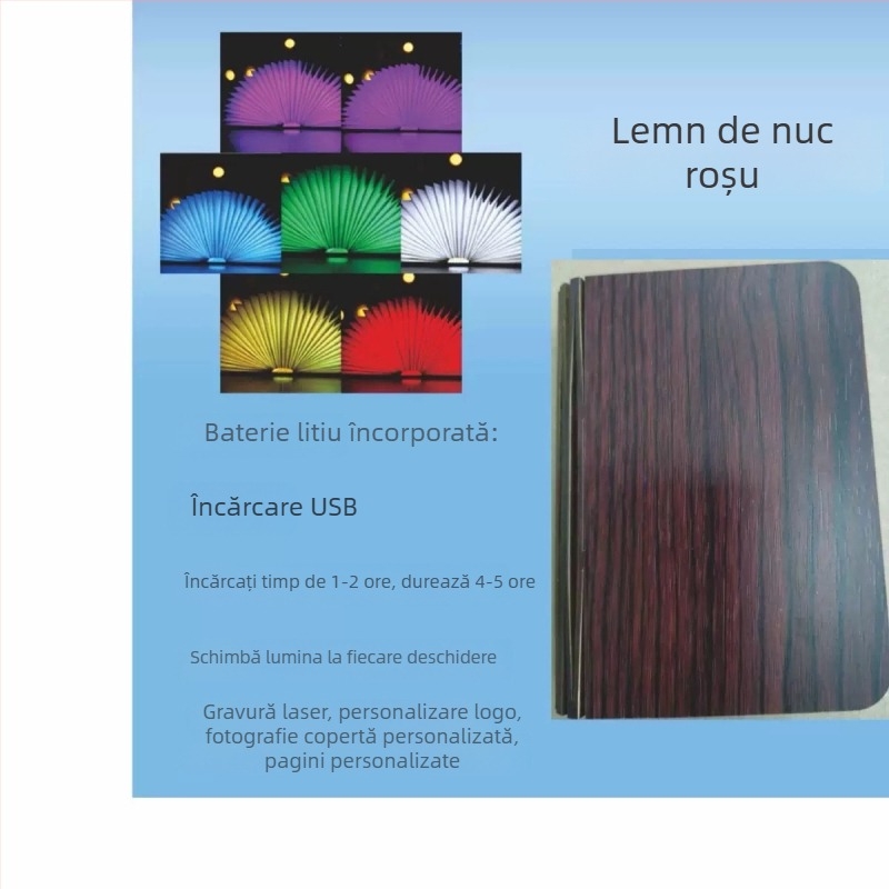 Lampă-carte din lemn cu LED în șapte culori, lampă de birou pliabilă, încărcare USB, lumina de noapte pentru dormitor, atmosferă plăcută