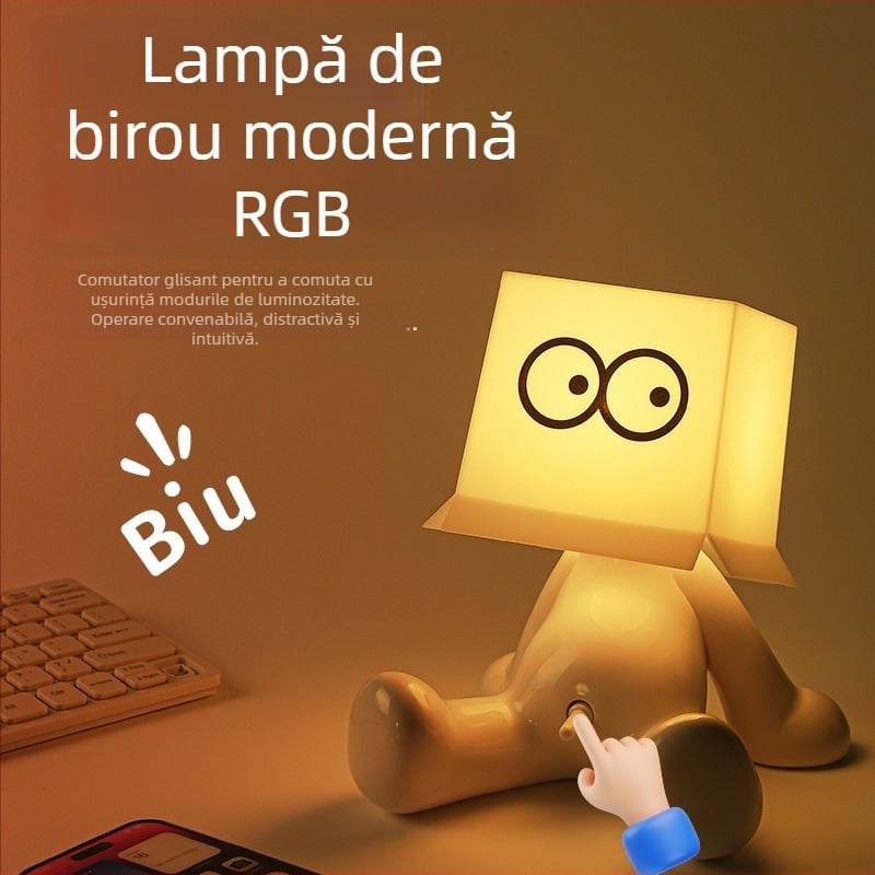 Lampă de birou RGB cu iluminare multicoloră, figurina drăguță a unui băiat timid într-o poziție șezândă, alimentare USB