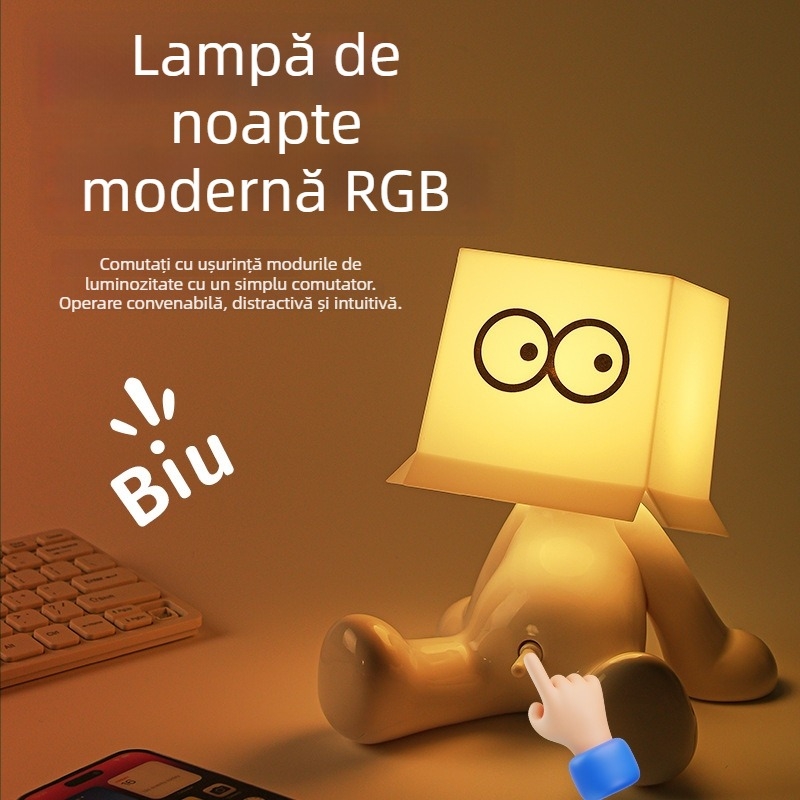 Lampă de birou RGB cu iluminare multicoloră, figurina drăguță a unui băiat timid într-o poziție șezândă, alimentare USB