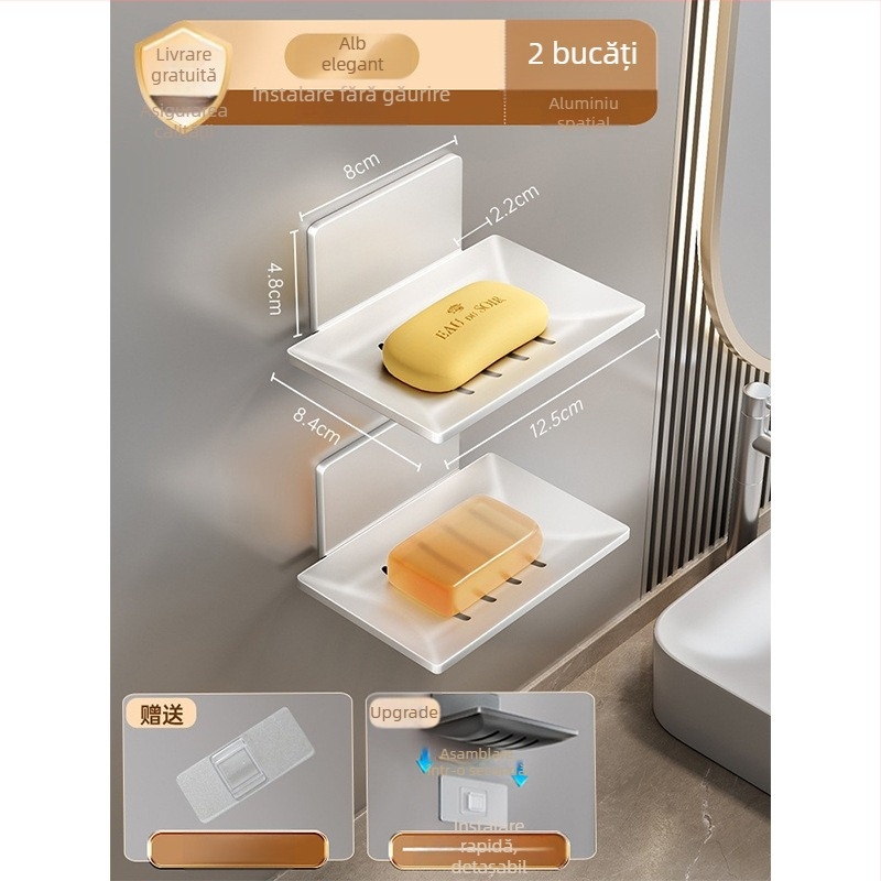 Vas de săpun pentru baie, montat pe perete, din aluminiu spațial, cu drenaj
