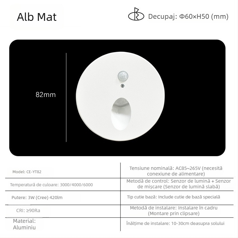 Lampă spot încorporată cu lentilă circulară și senzor de mișcare, pentru scări, hol și colțuri