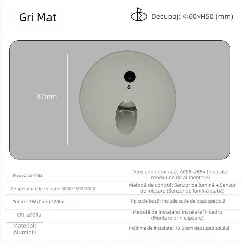 Lampă spot încorporată cu lentilă circulară și senzor de mișcare, pentru scări, hol și colțuri