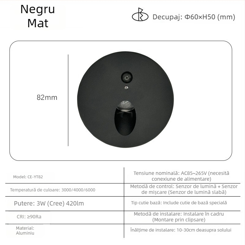 Lampă spot încorporată cu lentilă circulară și senzor de mișcare, pentru scări, hol și colțuri
