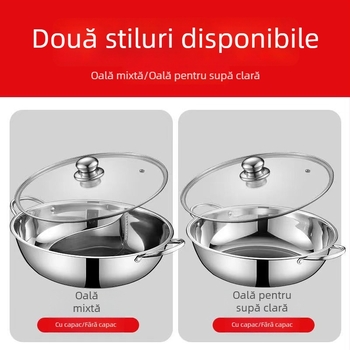Oală de gătit din oțel inoxidabil, divizată pentru două arome, 28 cm, cu două mânere și capac, pentru uz casnic și comercial